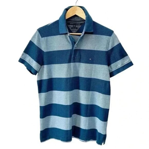 Tommy Hilfiger Mens Polo Shirt Custom Fit Short Sleeves Teal Green Stripes Small - Picture 1 of 13